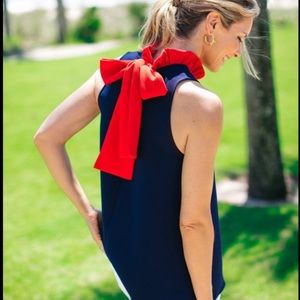 Tuckernuck Mason Ruffle Bow Tie Blouse Navy and Red XS